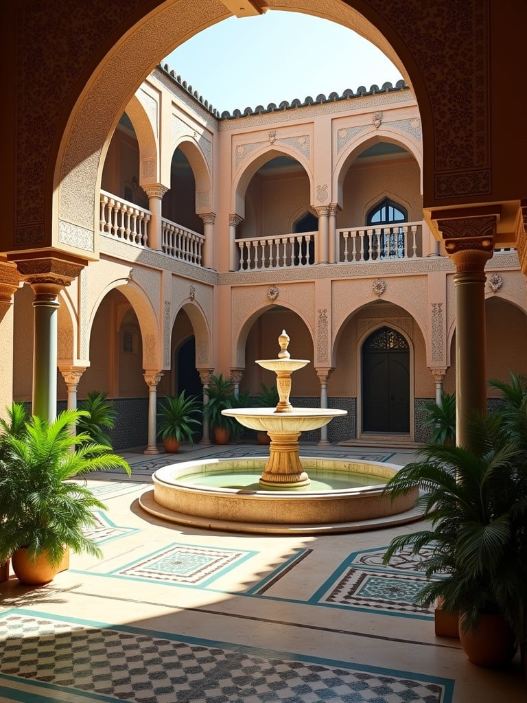 The image depicts a Moroccan palace courtyard. The architecture features traditional Islamic elements. Elegant arches and mosaic tiles are present. A large marble fountain is at the center. The courtyard is surrounded by green plants. Warm sunlight creates shadows in the area.