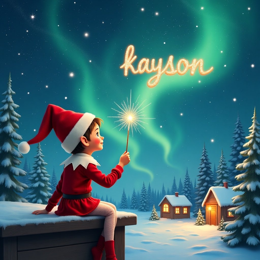 An elf sits on a wooden ledge with its back to the camera, gazing at a magical sky. Dressed in a red outfit with a pointed hat, the elf holds a sparkling wand. With the wand, the elf writes the name 'kayson’ in the starry sky. The scene is painted with a snowy landscape, charming little houses, and evergreen trees under shimmering Northern Lights. This whimsical depiction captures the essence of childhood magic and Christmas cheer. The elf elegantly adds the name 'Ollie' in the same starry sky, enriching the magical atmosphere.