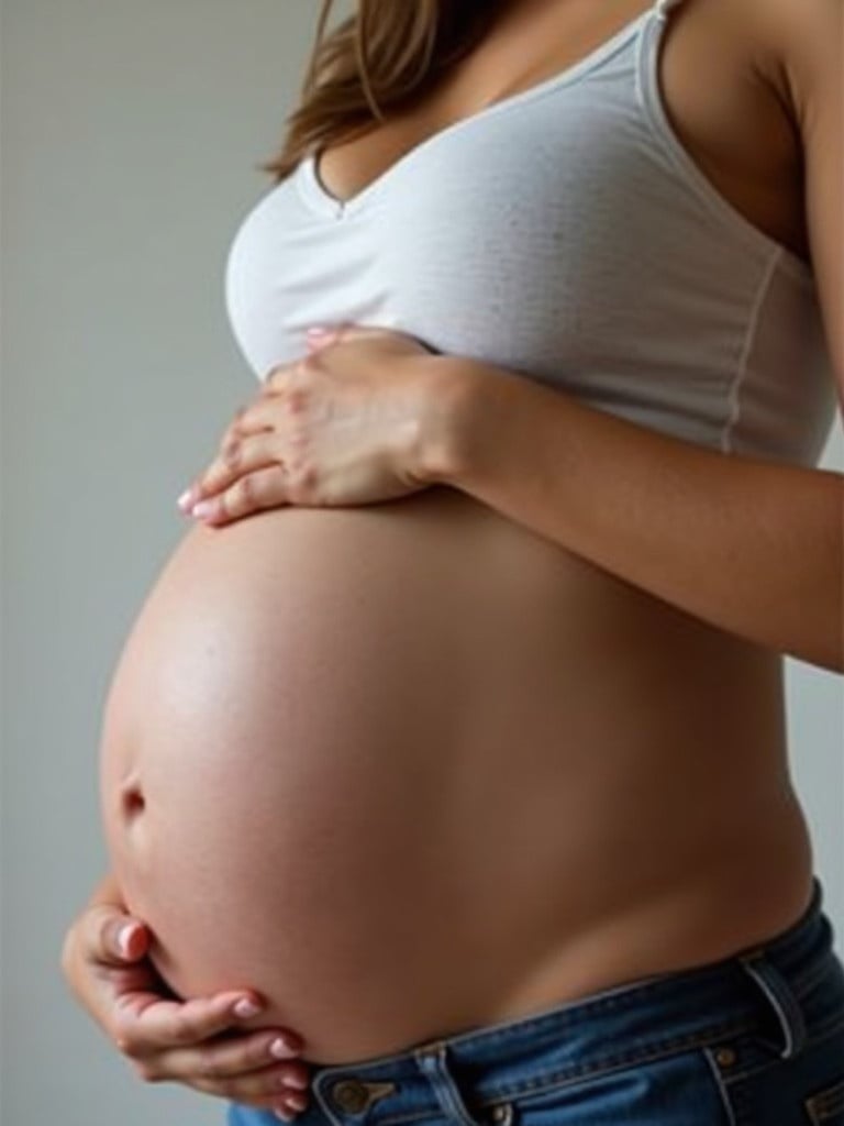 Woman shows off pregnant belly. She wears a white top and denim jeans. Soft light highlights her features. Hands rest gently on the tummy. A serene moment in pregnancy.