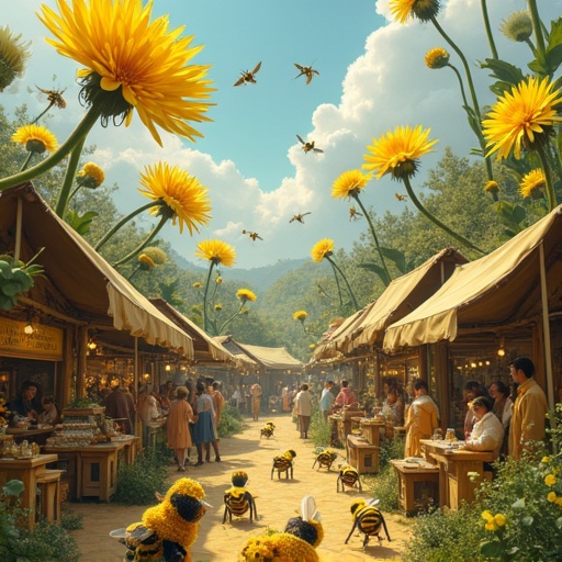 A busy marketplace filled with giant dandelions. Bees in costumes exchanging pollen coins. A whimsical bee orchestra performs with instruments made of petals and leaves under a bright sky.