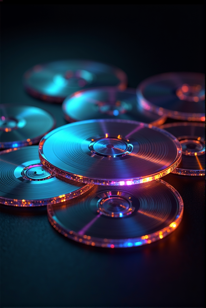 A group of digital discs illuminated with blue and orange light creating a reflective glow.