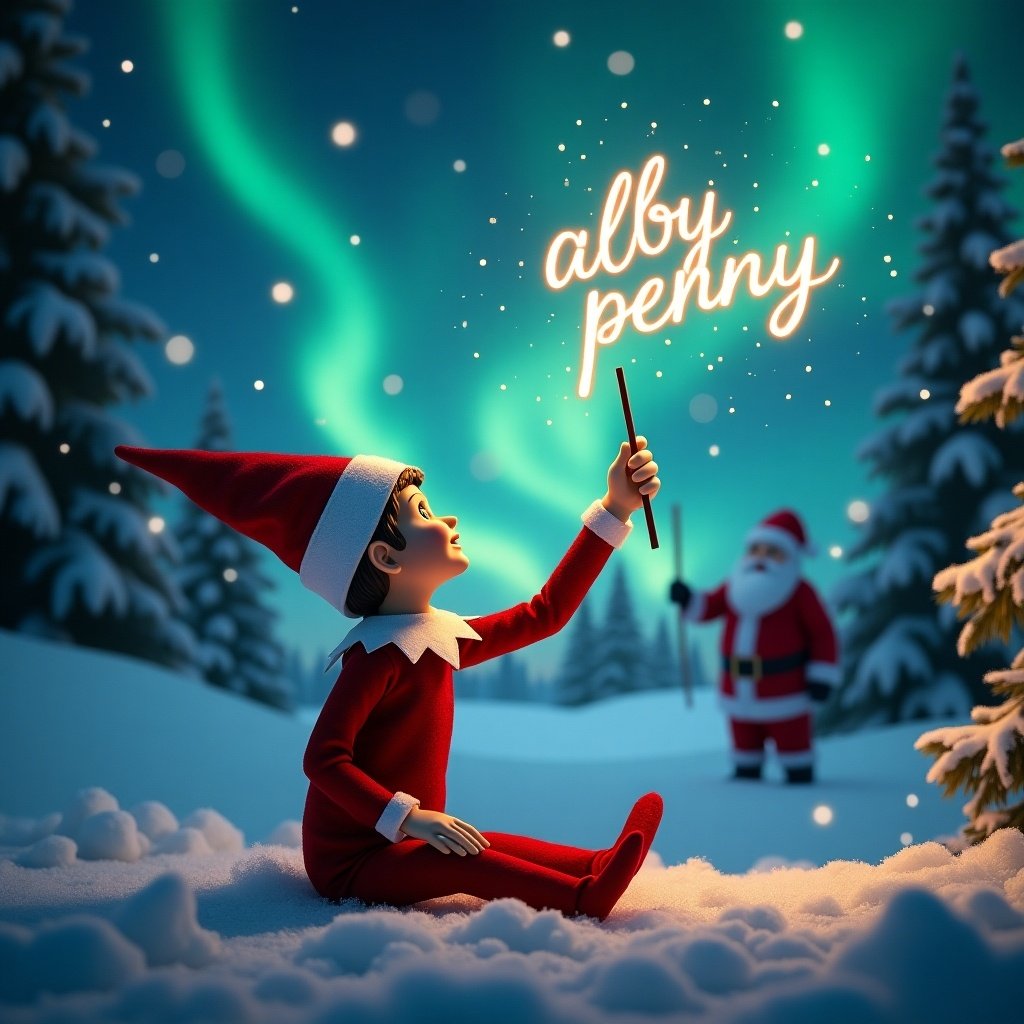 Enchanting Christmas scene. Elf on shelf with back to us. Gazing upwards with a wand writing names 'alby' and 'penny'. Background features northern lights and visible Santa Claus. Snow covers the ground. Captures essence of holiday joy.