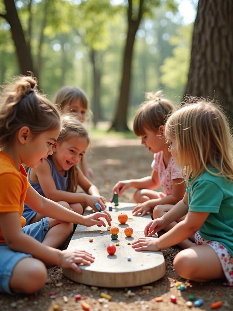 Children playing together outdoors in a village setting. They interact joyfully with colorful marbles. The scene is set among trees creating a warm and bright atmosphere.