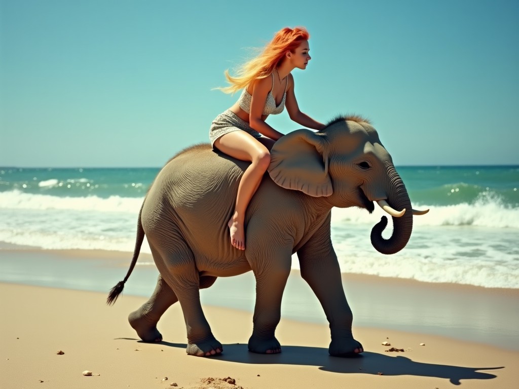 A person with red hair riding a baby elephant on a sandy beach with a clear blue sky and ocean waves in the background.