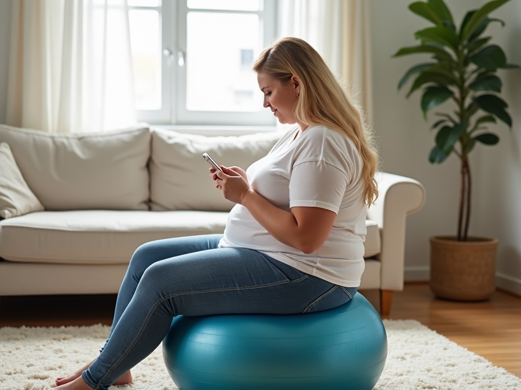 An overweight woman is sitting on a yoga ball in a cozy living space. She has long blonde hair and is wearing a white t-shirt and blue jeans. The room has a soft, neutral color palette with a plush rug and a comfortable sofa in the background. A potted plant adds a touch of greenery to the scene. The woman is looking at her phone, seemingly relaxed and at ease. This environment suggests a casual, homey atmosphere that promotes wellness.