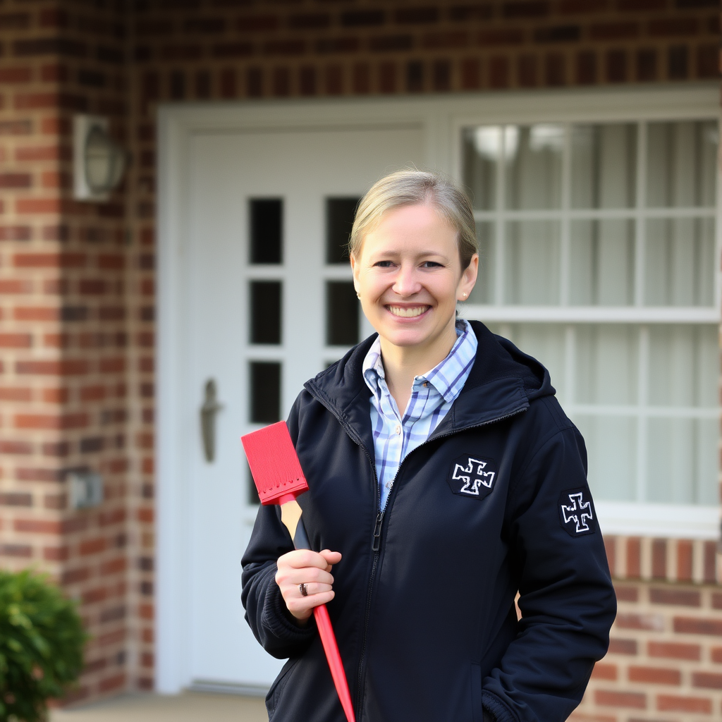 A person stands smiling in front of a brick house with a white door, holding a red tool.