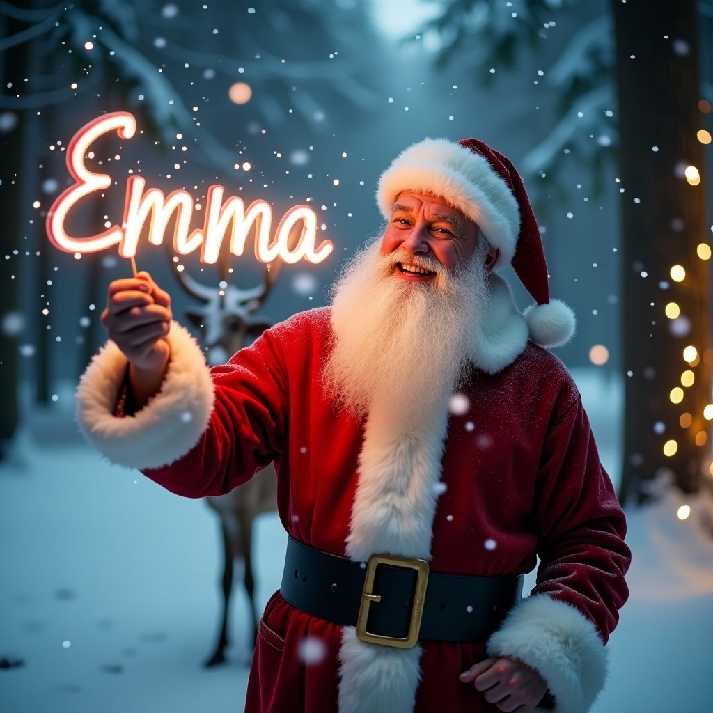 This enchanting image captures Santa Claus in a snowy forest during Christmas time. He is joyfully using a glow stick to write the name 'Emma' in the air. The scene is filled with soft falling snowflakes, creating a magical atmosphere. Warm lights from nearby trees add to the festive spirit, making the environment feel inviting and cheerful. Santa's outfit is traditional, featuring a bright red coat with white fur trim and a black belt. His joyful expression radiates holiday cheer, making this image perfect for Christmas celebrations.