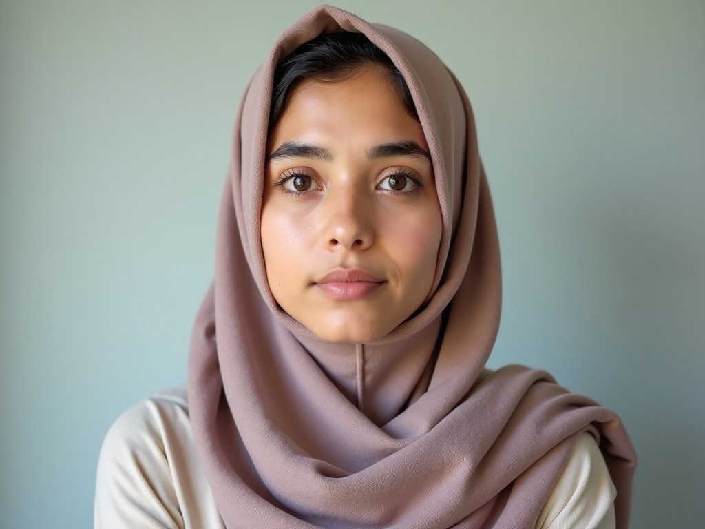 A young woman with a neutral expression is depicted in a portrait. Her hair is mostly covered with a hijab that complements her traditional attire. The background is simple and unobtrusive, focusing on her calm demeanor. She has a light complexion and her eyes are looking directly at the viewer, conveying a sense of sincerity. The fabric of her hijab and clothing is modest, with soft colors. Her overall posture is relaxed yet confident, providing a glimpse into her personality.