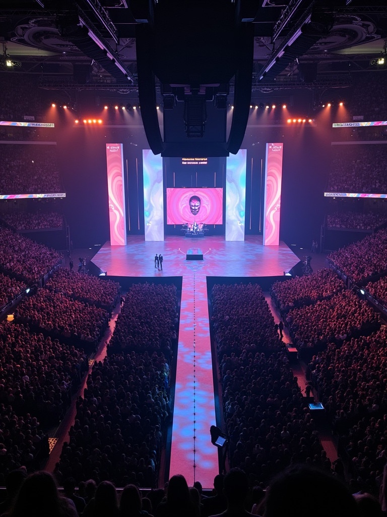 Aerial view of Travis Scott performance at Madison Square Garden The stage features a large screen with a face image There is a T-shaped runway leading into the crowd The venue is packed with fans enjoying the concert