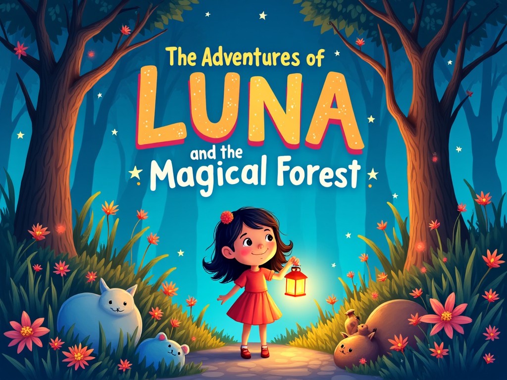 A whimsical illustration of a young girl in a magical forest, holding a glowing lantern. She is surrounded by cute forest creatures, with flowers and large trees around them, under a starry night. The text on the image reads 'The Adventures of Luna and the Magical Forest'.