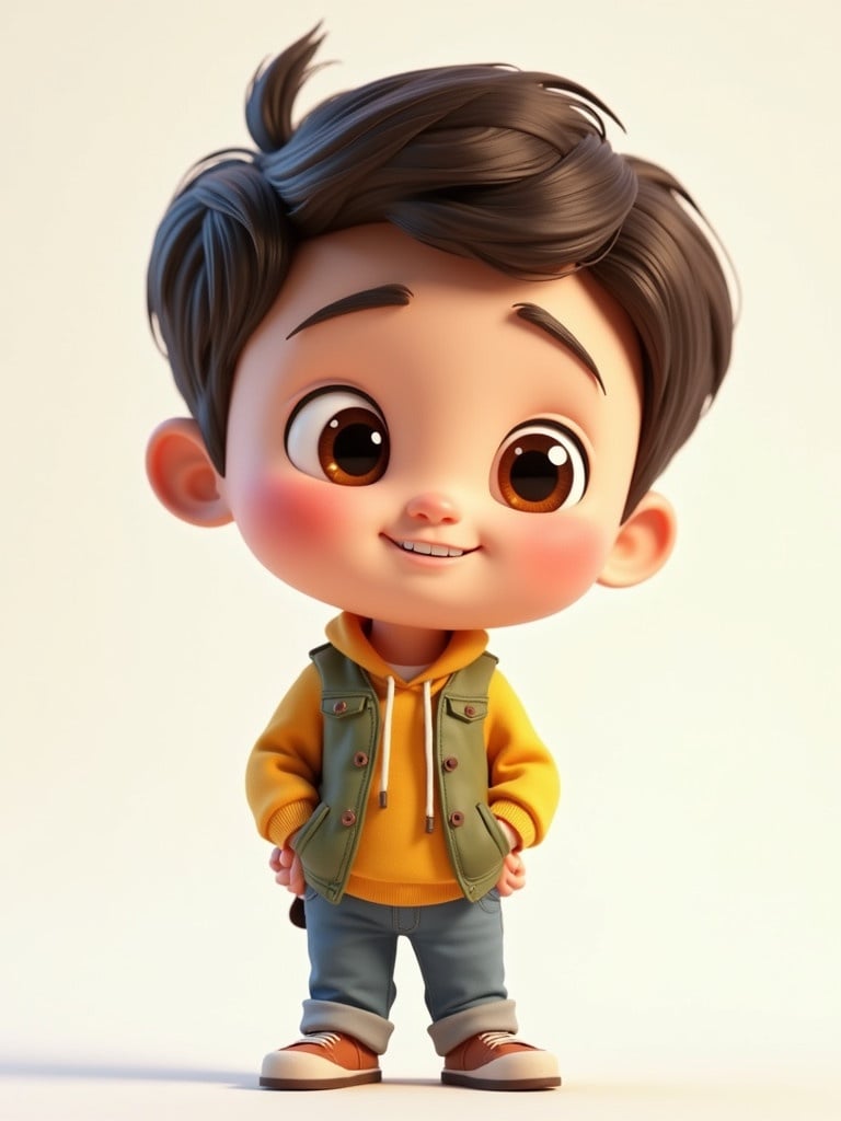 3D cartoon rendering of a young boy with playful expression. Boy wearing a yellow sweatshirt and green vest. Boy has casual blue jeans and sneakers. Character poses confidently with hands on hips.