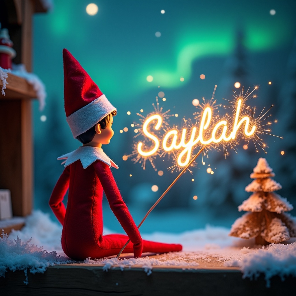 The image features a festive scene centered around a red Elf on the Shelf. The elf is positioned with its back to the viewer, gazing up towards a dazzling sky. In its hands, it holds a sparkler that is writing the name 'Saylah' with a mesmerizing sparkle effect. The background is adorned with a winter landscape, complete with gentle snow and enchanting northern lights illuminating the night. Soft white snowflakes sprinkle the scene, enhancing the magical feel of Christmas. This whimsical depiction captures the spirit of the holiday season beautifully.