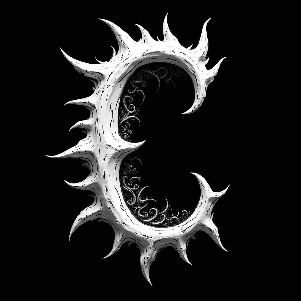 The image showcases a bold letter 'C' against a black background. This letter is uniquely stylized with dynamic strokes that give it an artistic flair. Its outer structure features pointed, thorn-like extensions that create an edgy vibe. Inside the letter, intricate, swirling patterns add depth and interest. The color scheme is strictly black and white, evoking creativity and boldness. This design is perfect for various artistic and commercial applications.