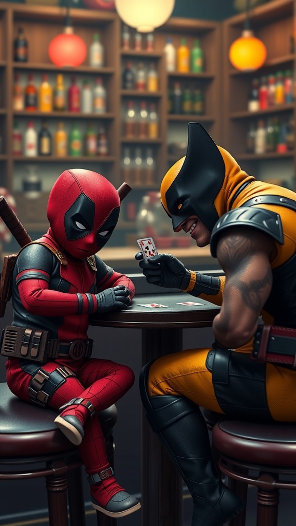 In a lively bar setting, two animated characters in superhero costumes engage in an intense card game. The character in red and black sits confidently opposite another character in yellow and black, who grins while holding up a playing card. The background is adorned with shelves stocked with colorful bottles, and warm lighting creates an inviting ambiance.