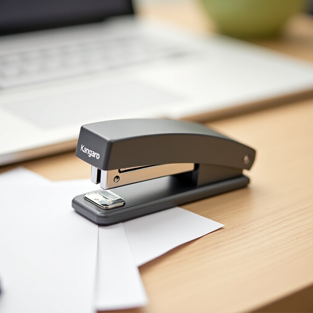 Stapler on a wooden desk with papers and laptop. Metal stapler placed neatly. Office setting with minimal clutter.