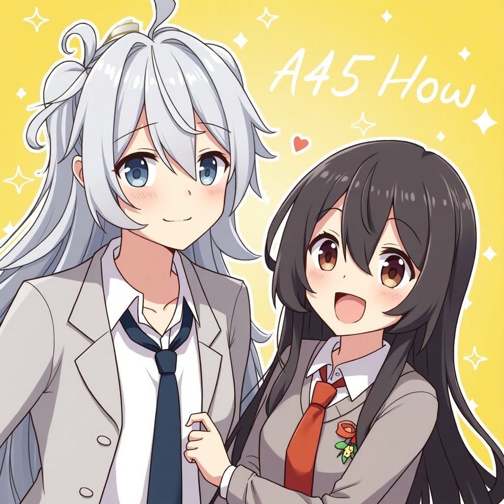 This illustration features two anime characters, Yumi and Aris, standing together with bright smiles. They have distinct hairstyles; one with long, silver hair and the other with dark, long hair. The background is a cheerful yellow with sparkles, creating a lively atmosphere. Each character wears a school uniform, adding to the youthful feel of the image. The overall mood is friendly and inviting, perfect for fans of anime and digital art.