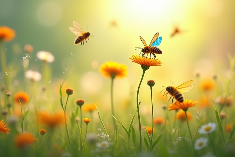 Scene depicts a vibrant grass field filled with wildflowers. Bees with blue orange and yellow wings flutter around the flowers sipping nectar. The image features a shallow depth of field focusing on flowers and bees. The background fades softly into a colorful blur, creating a soft and dreamy atmosphere.