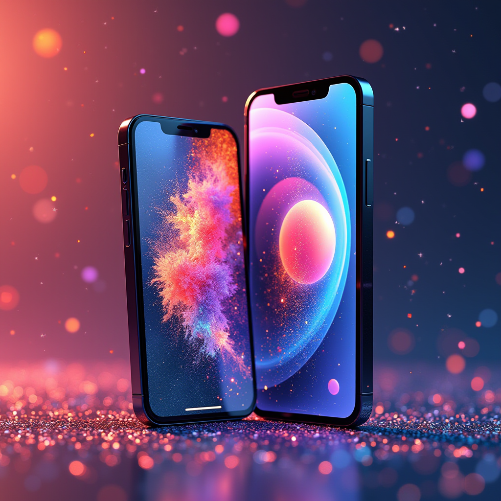 Two sleek smartphones displaying vibrant cosmic-themed wallpapers against a glowing bokeh background.