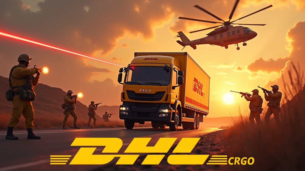 In a dramatic scene, a DHL delivery truck drives up to a military base, surrounded by armed guards. The delivery truck is equipped with a powerful laser cannon, firing a bright red beam. Nearby, delivery personnel dressed in yellow uniforms engage with rifles. The fiery sun illuminates the sky, enhancing the intensity of the scene. Above, a DHL cargo helicopter flies, adding to the action.