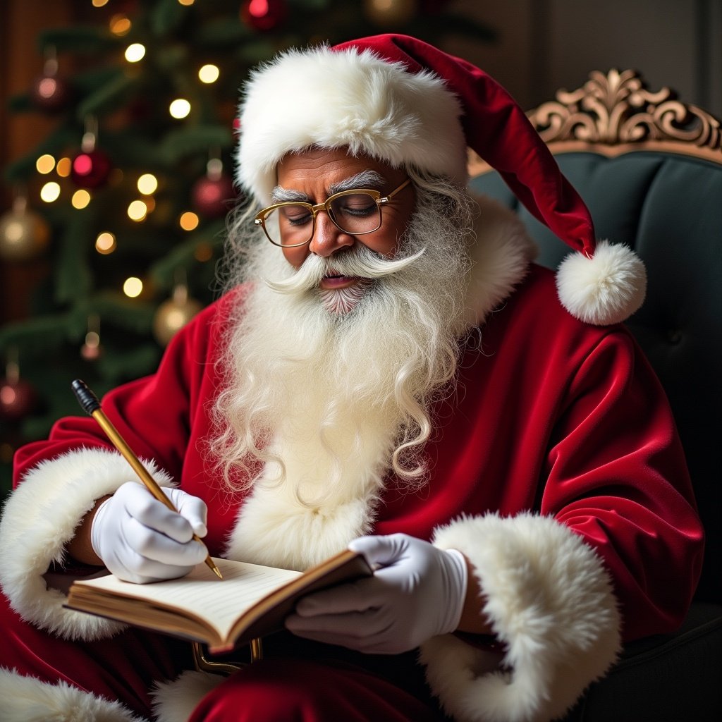 The image features Santa Claus, dressed in his signature red suit with white fur trim, writing in a large book. His glasses slide down his nose as he focuses, a serious expression on his face. In the background, a beautifully decorated Christmas tree glows softly, adorned with lights and ornaments. This warm and inviting scene captures the spirit of the holiday season. Santa is noting the name 'Aniya' on the infamous naughty list, showcasing his traditional role in overseeing children's behaviors. The overall ambiance is cozy and festive, perfect for the Christmas theme.