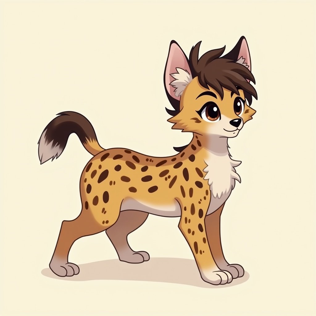 A male hybrid character combining traits of a cheetah and a human. Features brown wavy hair with white strands, soft dark brown eyes, and a slender fit body with fluffy ears and tail. Character appears affectionate and focused, showcasing speed and loyalty.