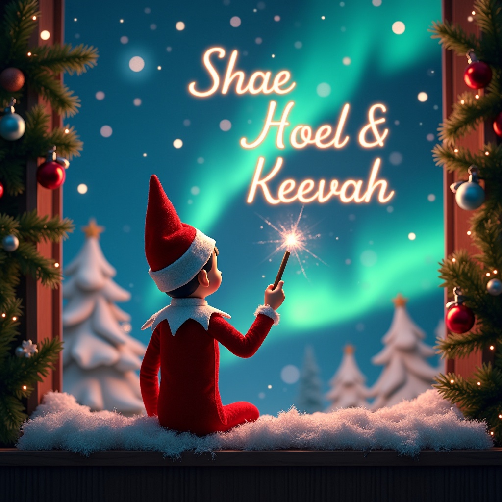 This enchanting Christmas scene features an elf on the shelf, dressed in a red and white outfit, who faces the sky with his back to the viewer. He holds a magic wand, writing the names 'Shae' and 'Keevah' in a glowing script above him. The backdrop showcases vibrant northern lights, adding to the magical ambiance of the picture. The elf's position and action evoke feelings of wonder and excitement that capture the joy of Christmas. Decorated pine trees frame the scene, enhancing the festive atmosphere, making it a perfect representation of holiday spirit.