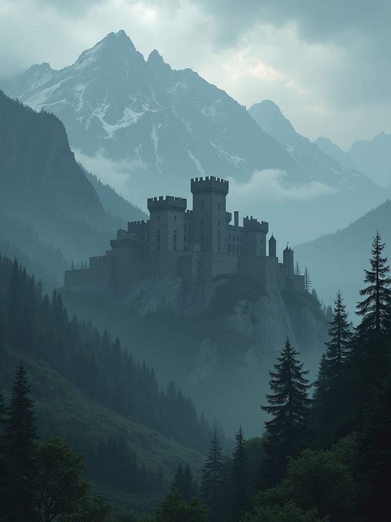 Design for a coat of arms inspired by a kingdom with majestic mountains and dark forests. The landscape is often shrouded in mist. Ruins of ancient castles are scattered throughout the terrain.