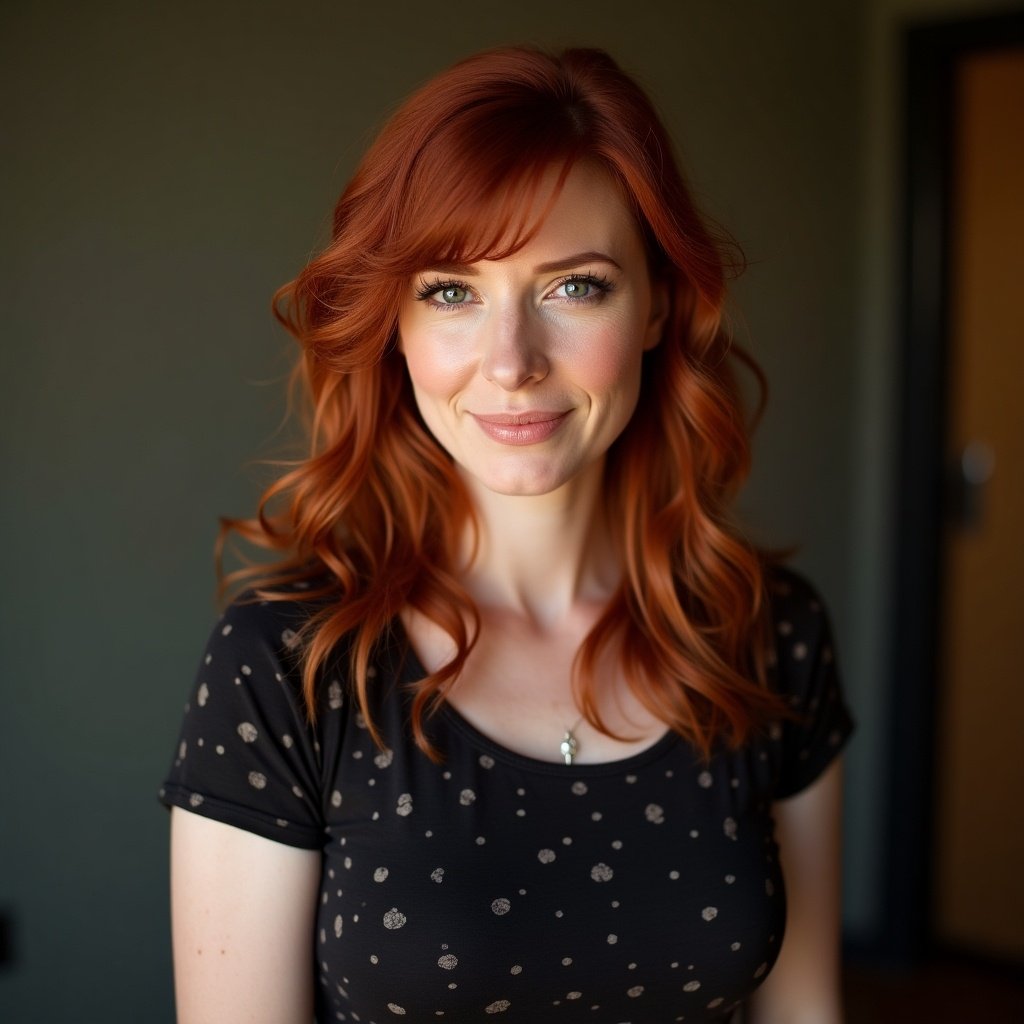 A portrait featuring a woman with vibrant red wavy hair. Her hair has layered texture. She is wearing a dark top with a subtle pattern. The background is a soft, muted color. Soft natural light highlights the hair's shine and texture.