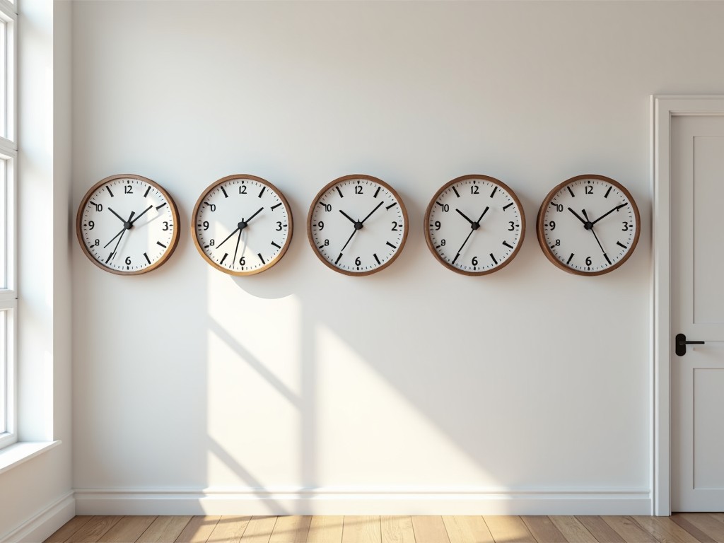 The image features a clean, minimalist design with five round wall clocks mounted on a white wall. Each clock has visible hour and minute hands, showing different times. The warm wooden frames of the clocks contrast softly with the white background. Sunlight spills in from a nearby window, casting gentle shadows on the floor. The overall setting conveys a sense of calmness and organization in the space.