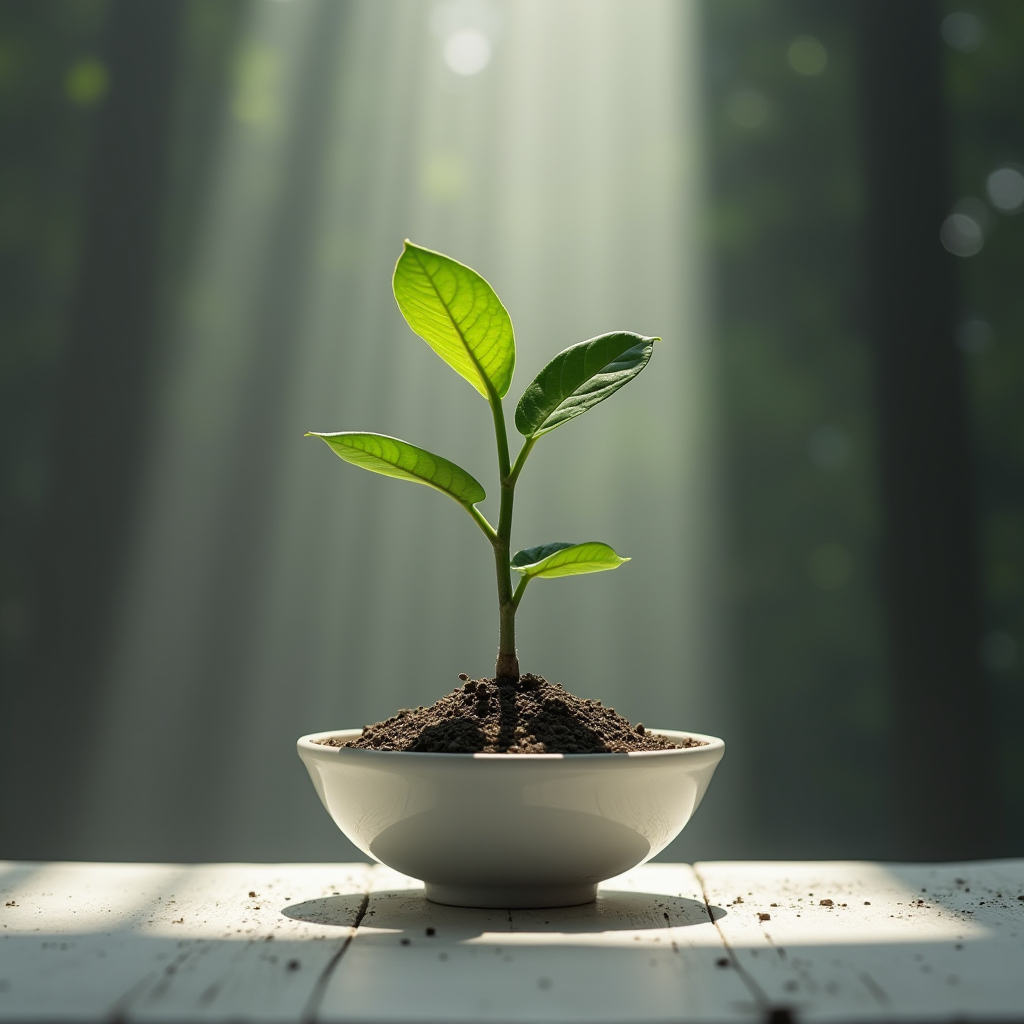 A young plant growing in a bowl, bathed in warm sunlight.