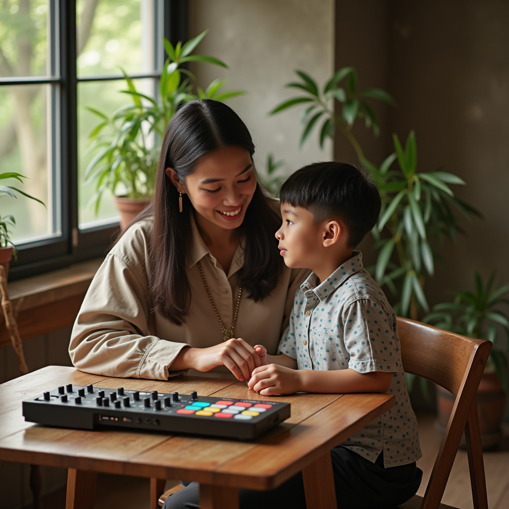 A woman and child engage in a bonding moment over a music device at a sunny wooden table.