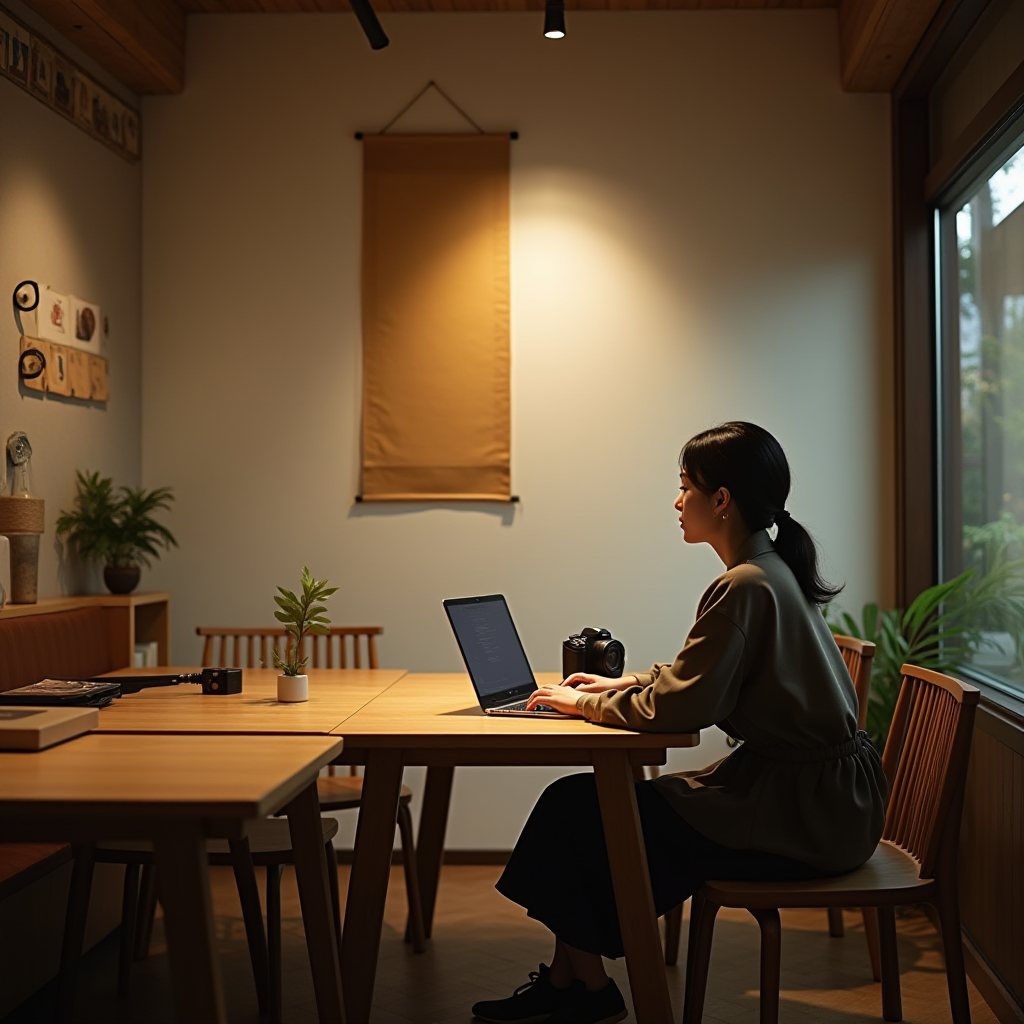 A woman working at a laptop in a cozy, well-lit room with a camera and plants nearby.