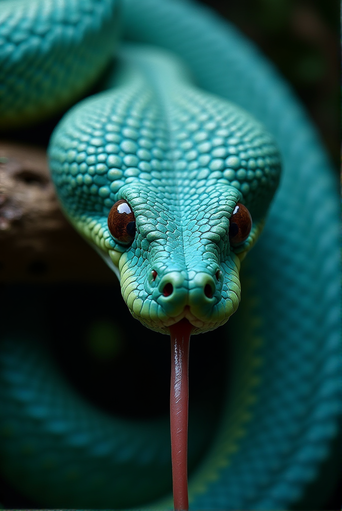 A close-up of a vibrant green snake with its tongue extended.