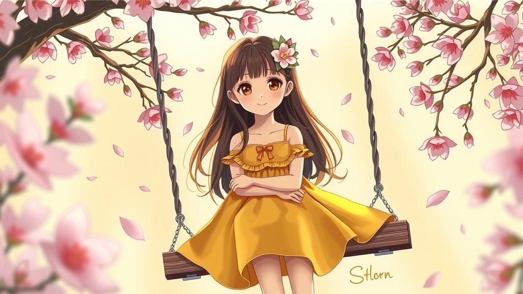 An anime girl in a yellow dress sits on a swing beneath cherry blossoms.