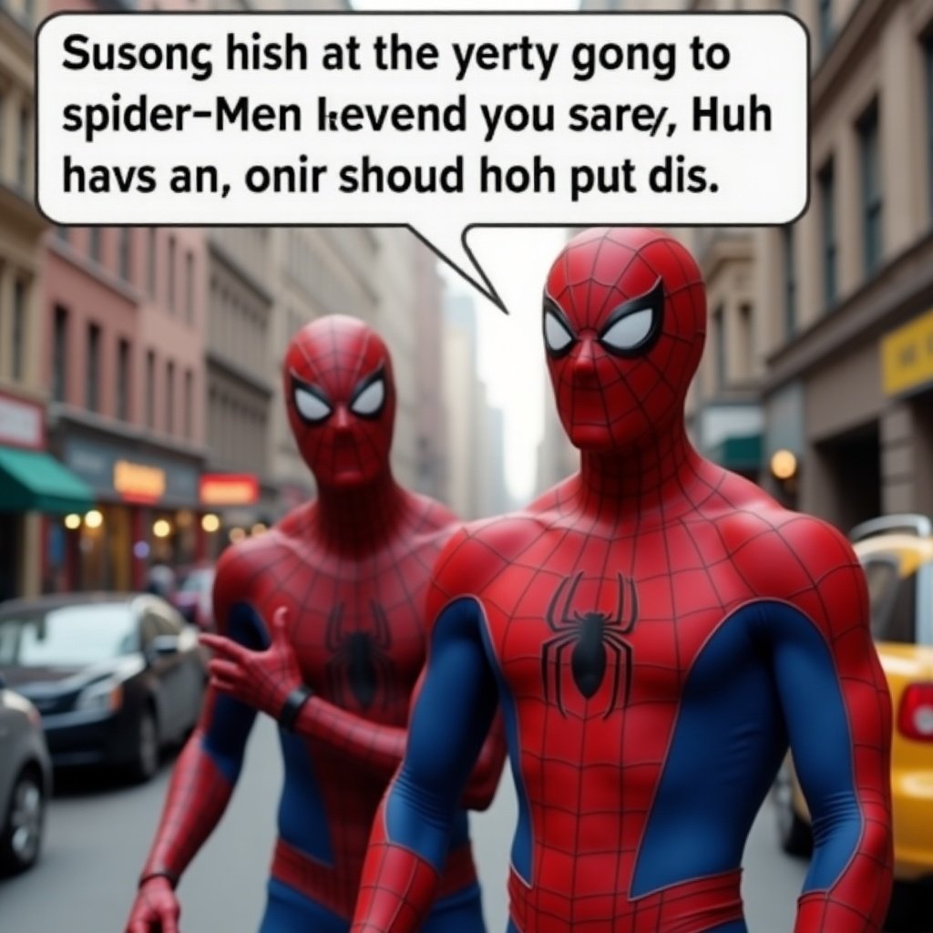 Two Spider-Man characters in a city setting. Characters are styled in traditional superhero costumes. Dialogue bubble with humorous text.