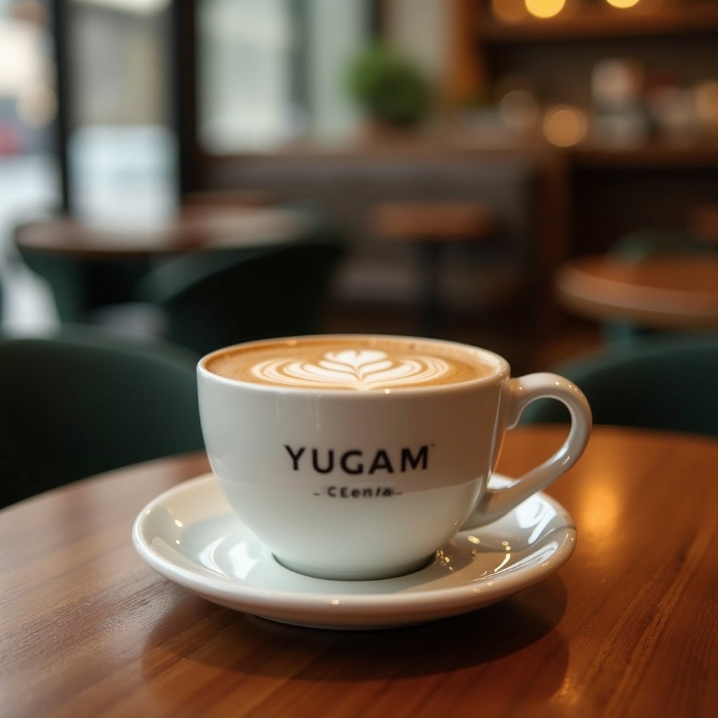 A coffee cup branded with the name YUGAM sits on a white saucer on a wooden table in a cozy café setting. The coffee features latte art on its surface. Blurred background shows café ambience with soft lighting and seating area.