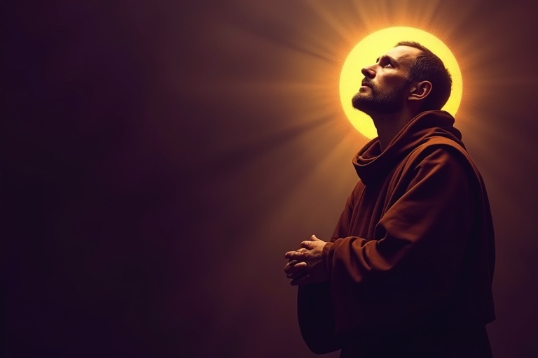 A modern digital artwork of Saint Francis of Assisi in a close-up portrait. A rich and intense color palette with deep purples and dark shadows. Striking golden highlights are present. He is in a brown habit and gazes upward as if receiving the divine stigmata. A warm golden glow surrounds him, adding mystery. The background blends dark and rich tones for a sacred atmosphere. He is positioned to the right side of the image, leaving negative space on the left for text placement.