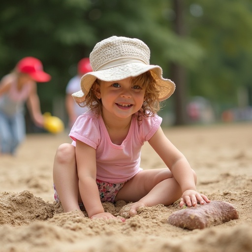 Young child playing in a sandbox. A bright sunny day with other kids in the background engaging in sandbox activity. The environment is filled with soft sand and green trees. The focus is on the child enjoying playtime.