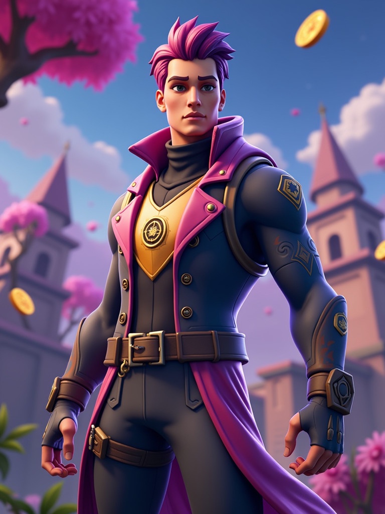 A Fortnite character stands confidently in a colorful landscape. The character has a vibrant purple outfit with gold accents. Surrounding are colorful coins and a whimsical background.