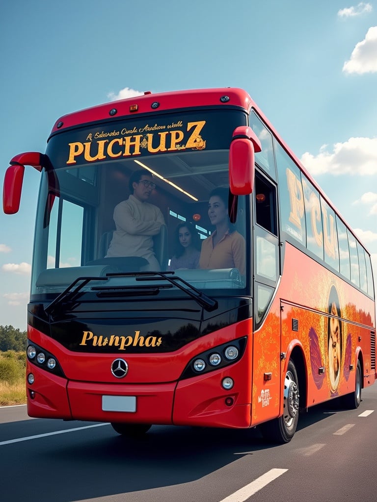 Design a bus named Sai Darshan Travels. The theme is inspired by the movie Pushpa 2. The bus has a capacity of 36 seats and features bright colors and cinematic branding.