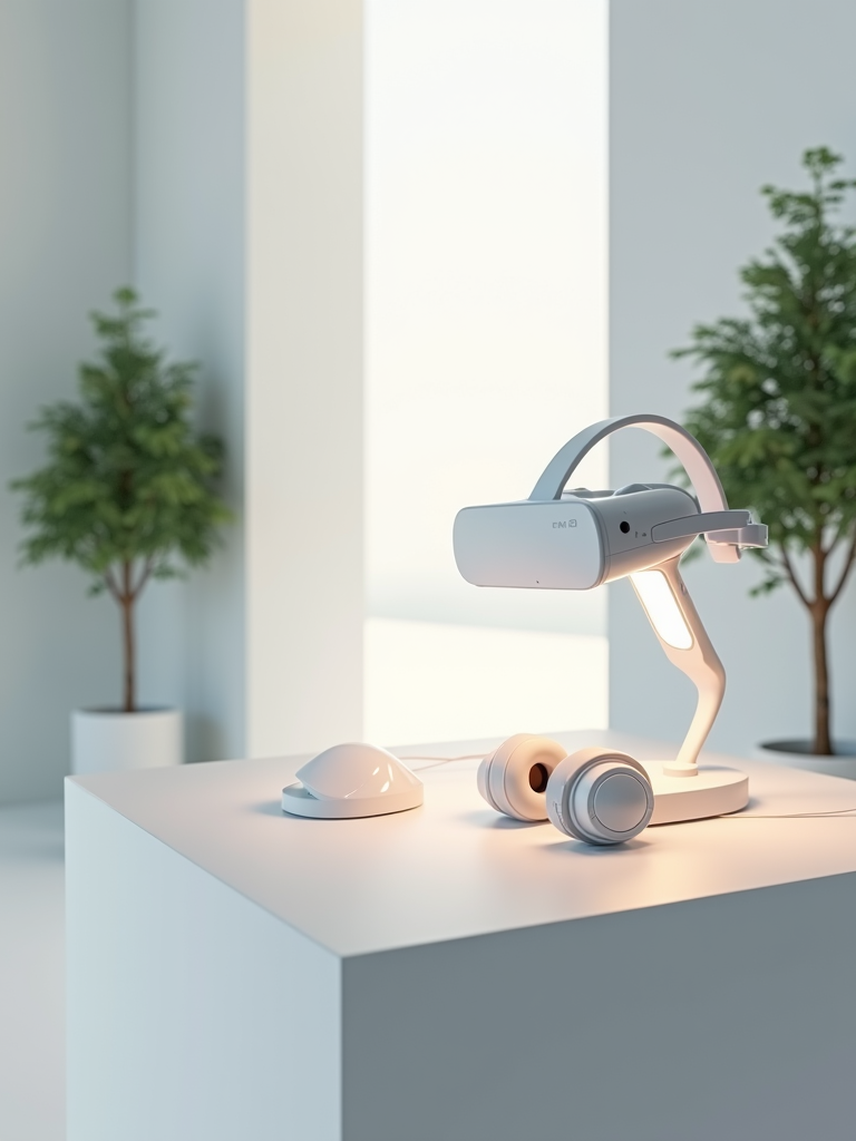 A clean, minimalist setup featuring a VR headset on a sleek stand, with nearby headphones and a computer mouse on a white surface, framed by potted plants.