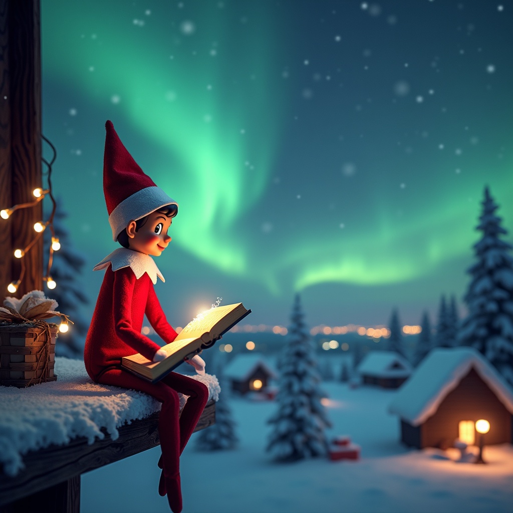 The image features an elf sitting on a wooden ledge, intently reading an open book. Behind the elf, the sky is alive with shimmering northern lights, casting a magical glow over the winter landscape. Snowy trees and houses dot the scene, adding to the festive atmosphere. The elf is adorned in a classic red outfit, complemented by its pointy hat. The scene evokes a sense of wonder and joy, perfect for the holiday season.