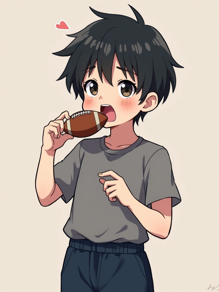 A young boy stands holding a football. He wears a gray t-shirt and navy pants. The boy looks happy and excited. He is eating gummies.