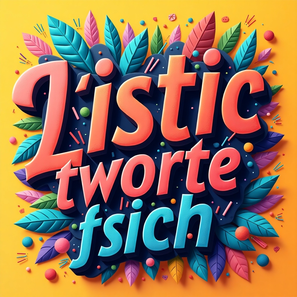 This image features vibrant and playful 3D text surrounded by colorful foliage. The main text reads '2'istic tworte fsich' boldly at the center. It is complemented by an array of decorative leaves in various shades of green and colorful dots. The background is a cheerful yellow, enhancing the lively aesthetic. The overall style is modern and artistic, perfect for creative projects.