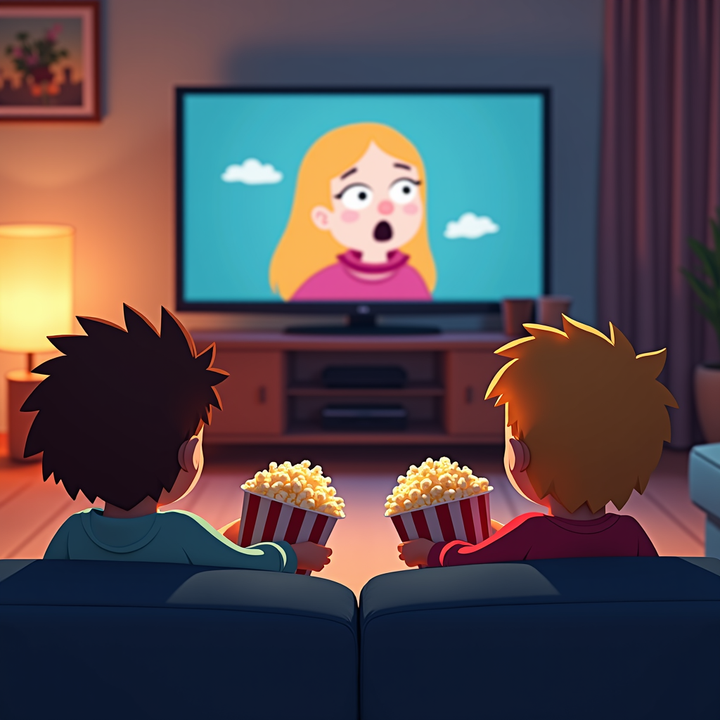 Two children holding popcorn watch an animated cartoon on TV in a dimly lit room.