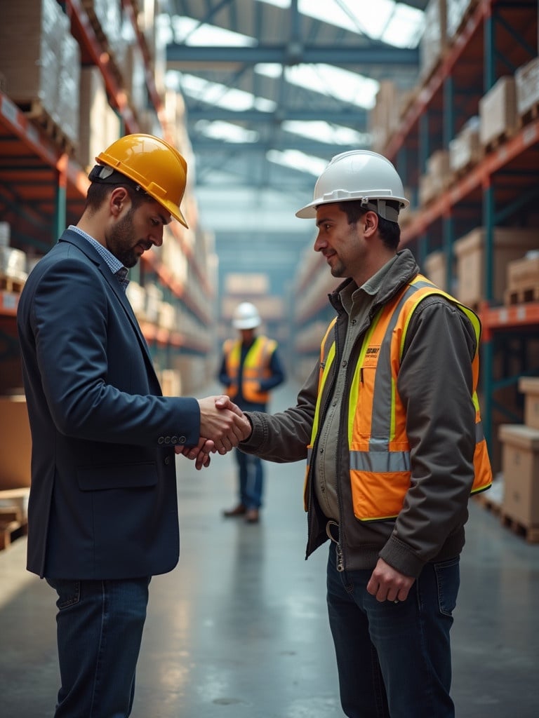 Two men shake hands in a warehouse. One is wearing an orange vest and safety helmet. The other wears a suit and a yellow helmet. The background features shelves with packed goods.