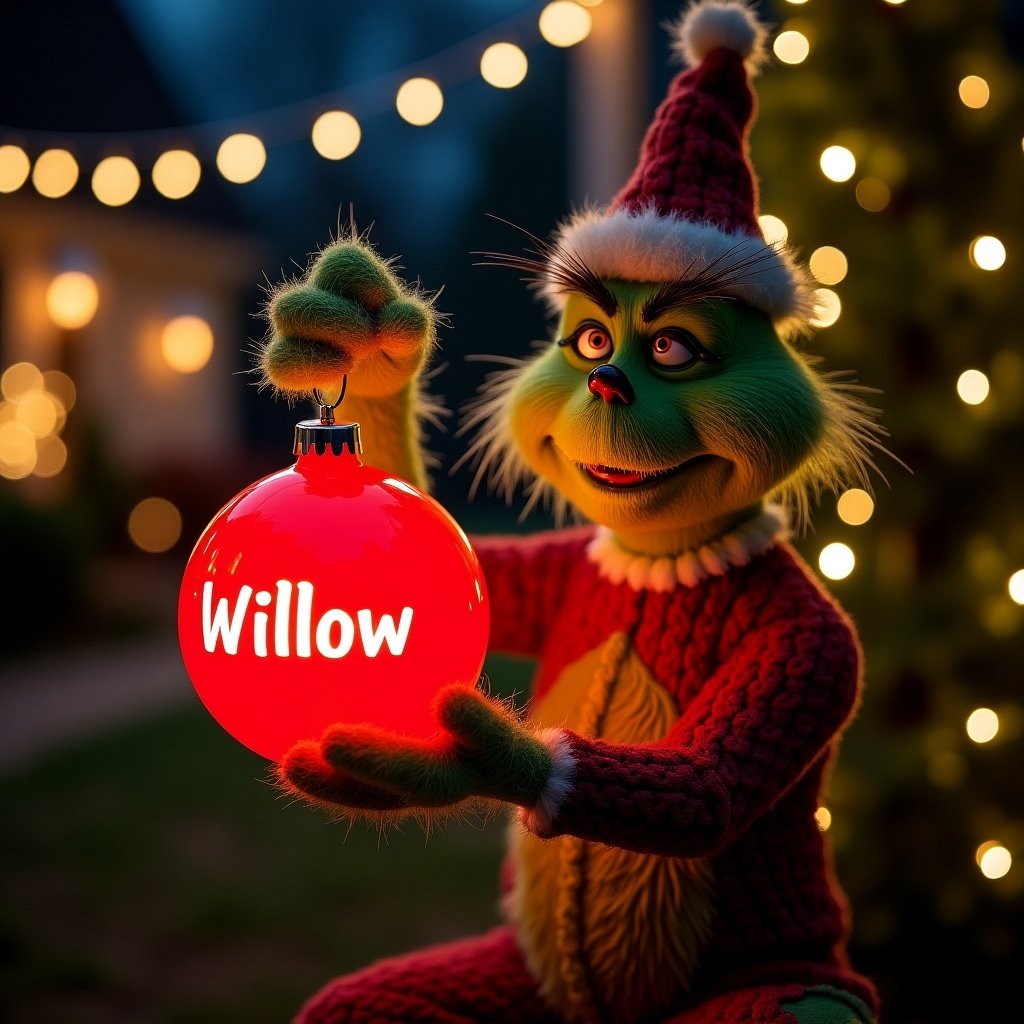 Night garden scene with a Grinch. Grinch holds a glowing red Christmas bauble labeled Willow. Twinkling lights enhance the magical atmosphere. Perfect for Christmas visuals.