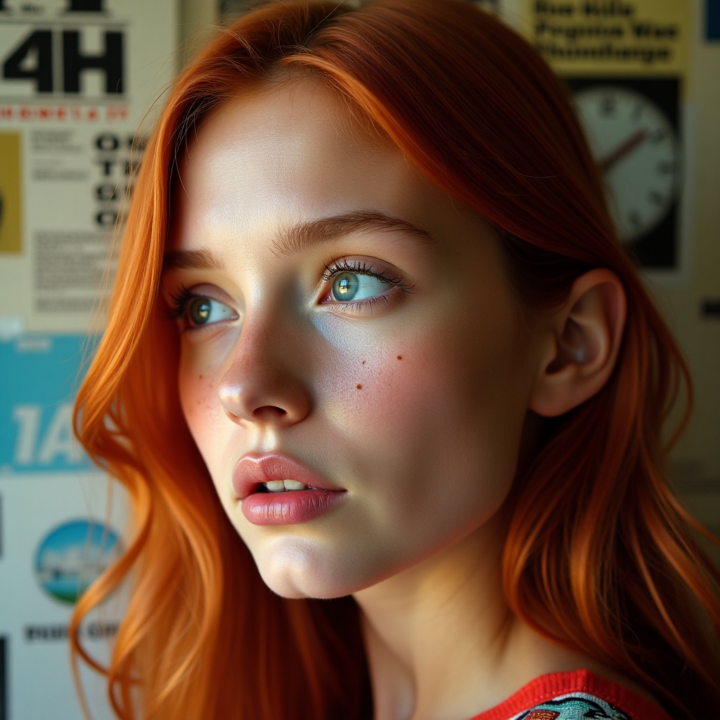 Close-up portrait of a young woman with striking red hair. Hair styled elegantly. Serious expression. Freckles on her face. Background features a collage of texts and images. Includes text '4H' in the top left corner.