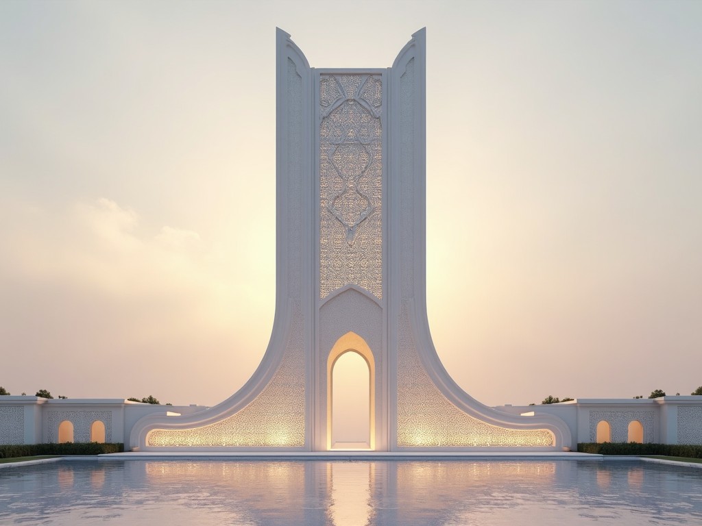 The image features a futuristic tenant pylon that showcases a blend of modern and Islamic architectural elements. It stands tall and slender, constructed in a sleek white aesthetic. At the center, the pylon is adorned with grand decorative arches and intricate geometric patterns, reflecting traditional styles. Soft lighting creates a serene atmosphere, emphasizing the elegant structure against a pastel sky. The serene water in the foreground enhances the tranquility of the scene, making it a striking architectural piece.