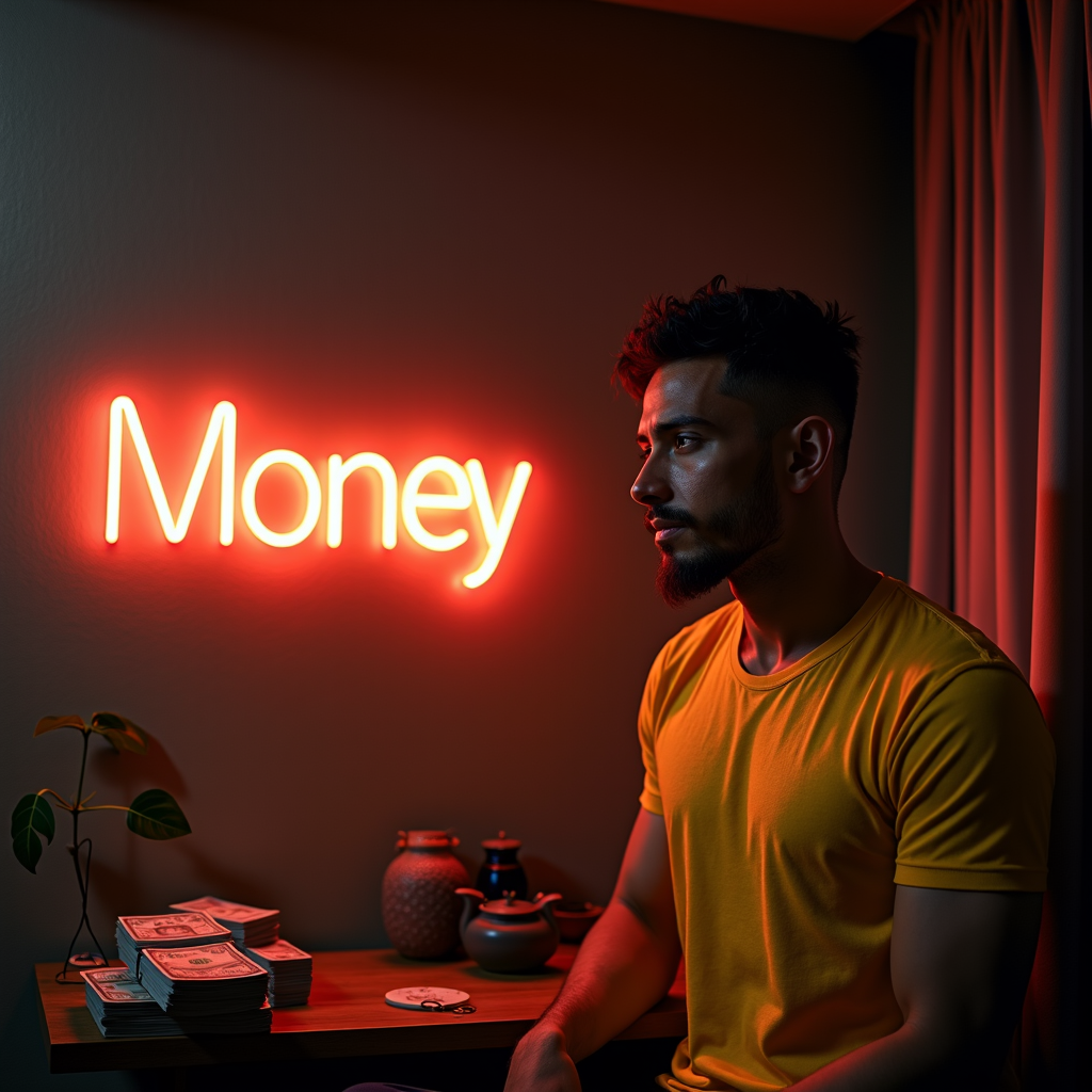 A man in a yellow shirt sits by a neon sign that reads 'Money', with stacks of cash beside him.